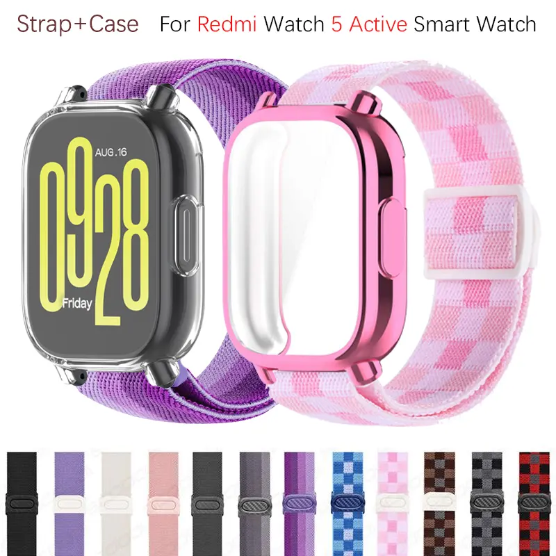 Adjustable carbon buckle Nylon Strap + Case For Redmi Watch 5 Active / 5 Lite Smart Watch Loop Band Accessories Wearable