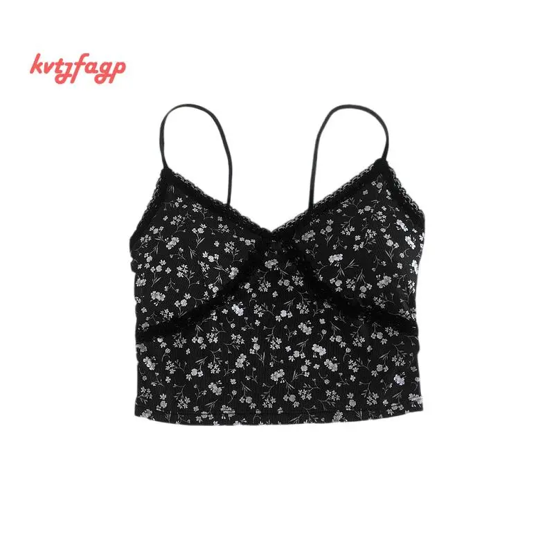 Women's Padded Crop Cami TopsLace Trim V Neck Backless Floral Camisole for Summer