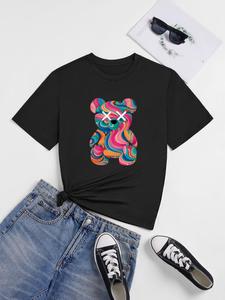ImprinTee Women's Cartoon Bear Print Round Neck Tee, Cute Graphic Short Sleeve T-Shirt for Daily Wear, Casual Top for All Seasons