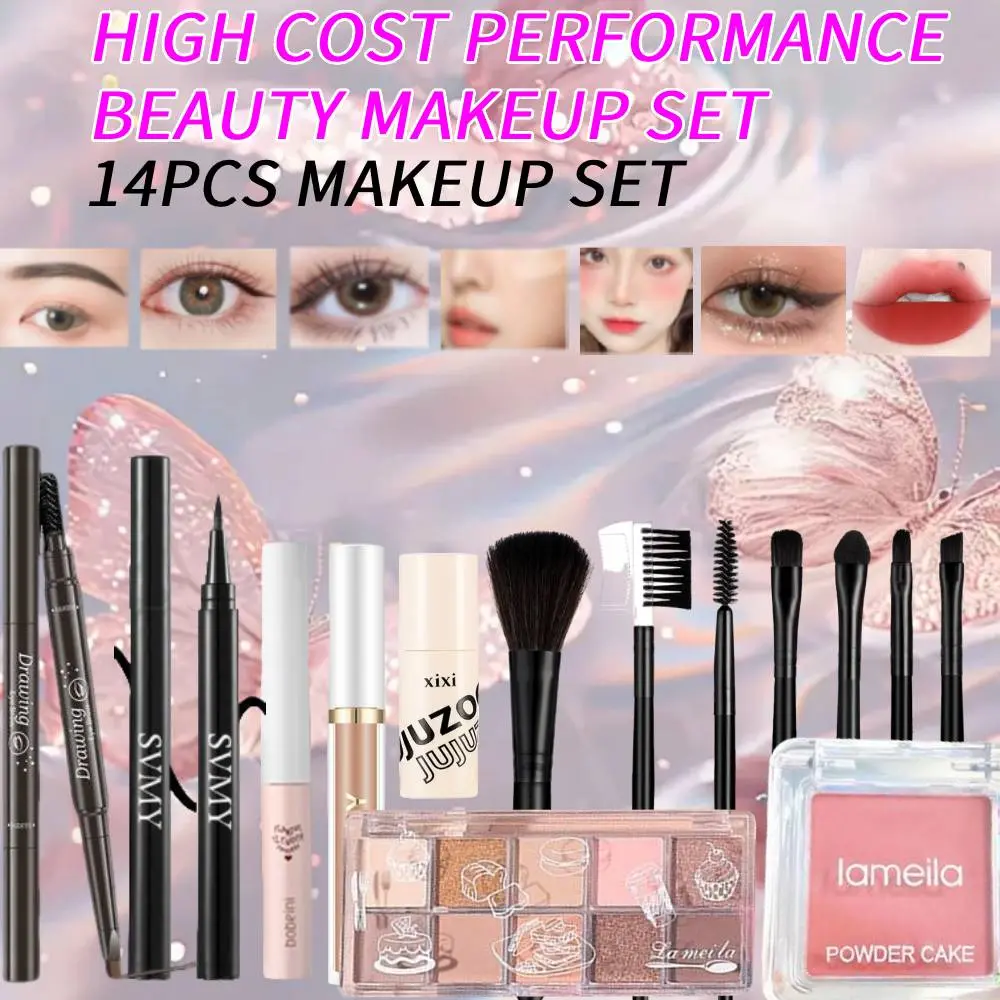 Bộ Trang Điểm, 14 Chiếc, Xixi, Son Bóng Lì Mịn Không Thấm Nước, Tấm Phấn Mắt, Phấn Má Hồng Dạng Phấn, Chì Kẻ Mày, 7 * Cọ, Kem Che Khuyết Điểm, Mascara, Bút Kẻ Mắt, Bao Gồm