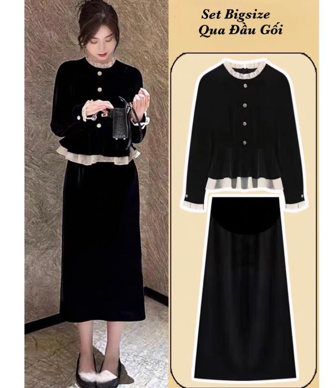 Thời Trang Bigsize - Set Bộ Nỉ Tăm Đón Tết Tay Dài Hot Hit Thiết Kế Dự Tiệc Nữ Cao Cấp Xinh Đẹp Sang Trọng Dễ Thương Giá Rẻ 40-95kg Én Nhỏ Có Bigsize Nhung Voi Đen - 2139