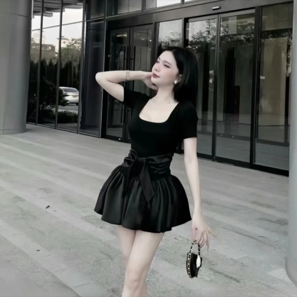 Váy cổ vuông xoè dây buộc nơ bigsize Hươngbe thun lạnh xịn