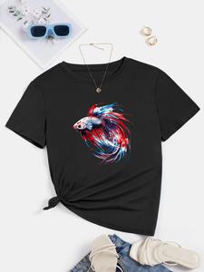 Independence Day Themed, ImprinTee Women's Fish Print Round Neck Graphic Tee, Vintage Trendy Casual Short Sleeve Crew Neck T-shirt For Daily Wear, Ladies Summer Outfit