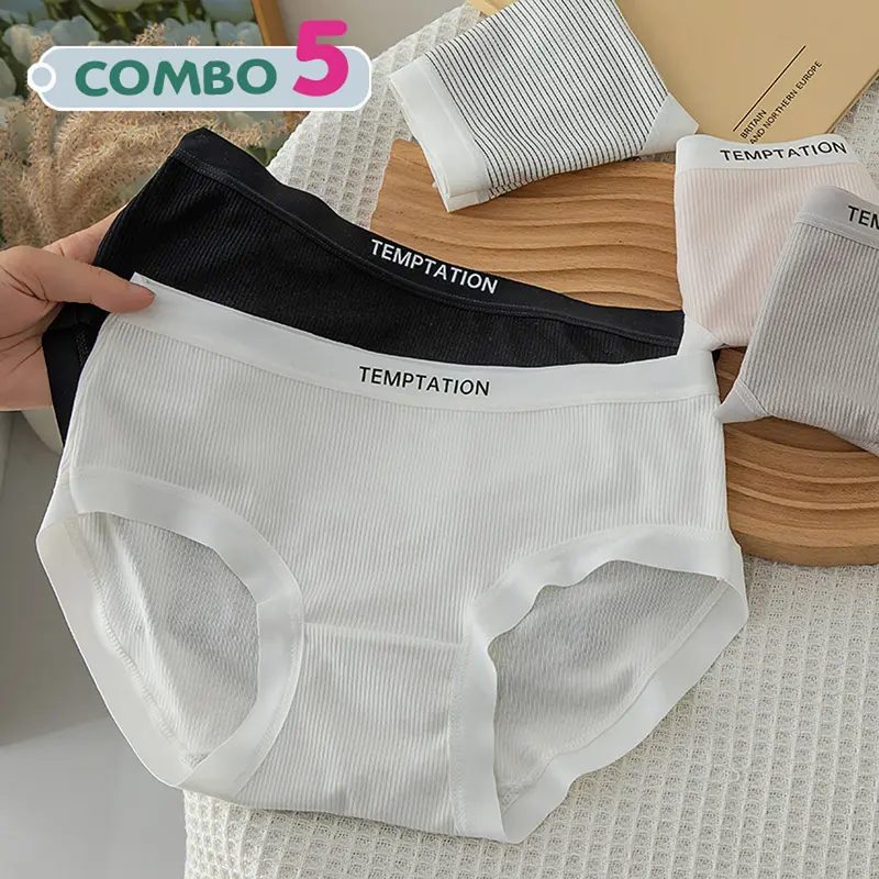 Combo 5 quần lót nữ cotton gân tăm mỏng nhẹ - Cạp vừa, chữ cá tính, đáy may 2 lớp  Women quần lót  nữ quan  lot dethuong 0