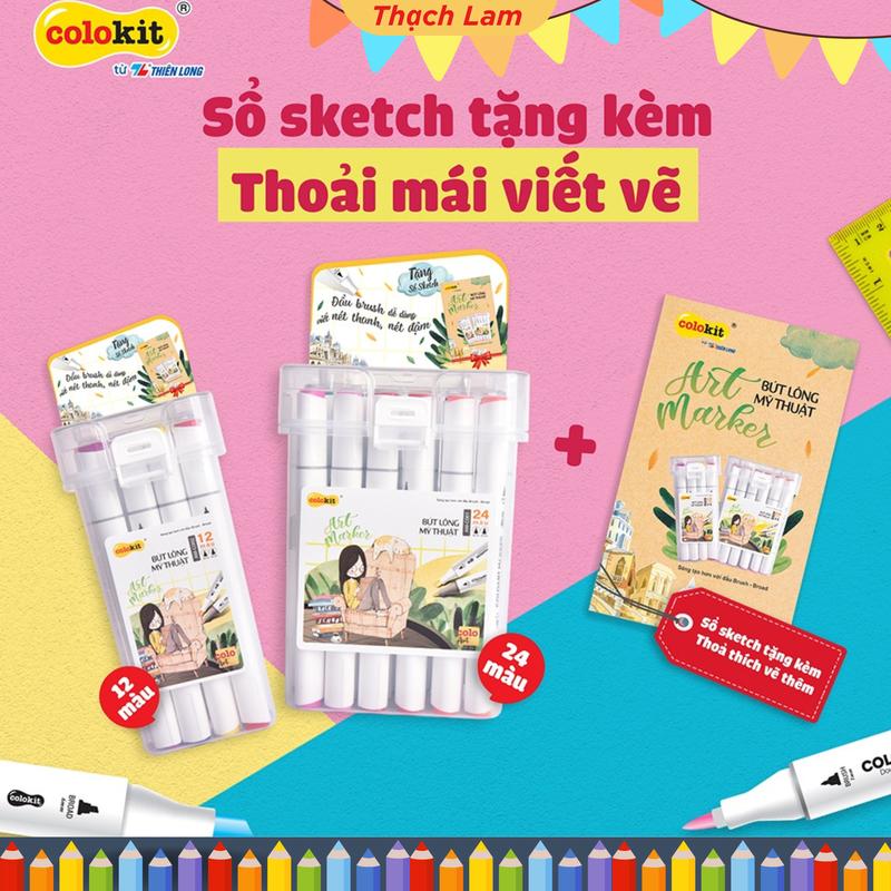XẢ KHO MÃ 12 MÀU Bút dạ màu COLOART MARKER - 2 đầu Semi Brush & Broad Chisle Tặng sổ Sketch 2 Đầu Bút Bảo Vệ Sức Khỏe Mở Nắp Ra Không Mùi Dầu Có hộp nhựa cao cấp đựng tiện lợi