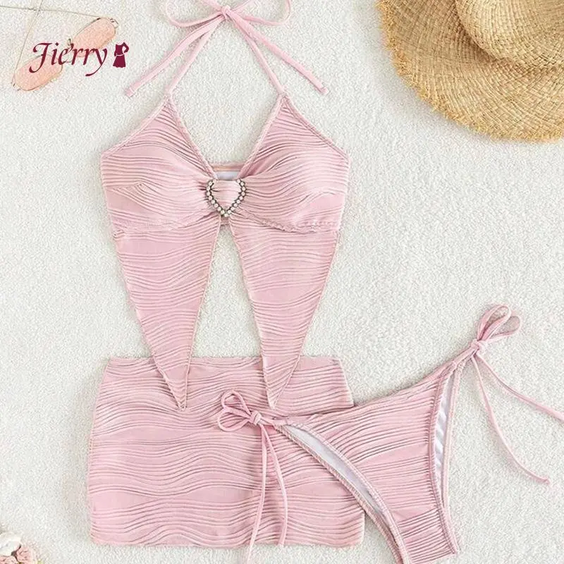 Women 3 Pieces Bikini Swimsuits Solid Color Pink Heart Textured Tie-Up Halter Neck Tank Tops Thong Bottoms Sarong Skirts Bathing Suit Set