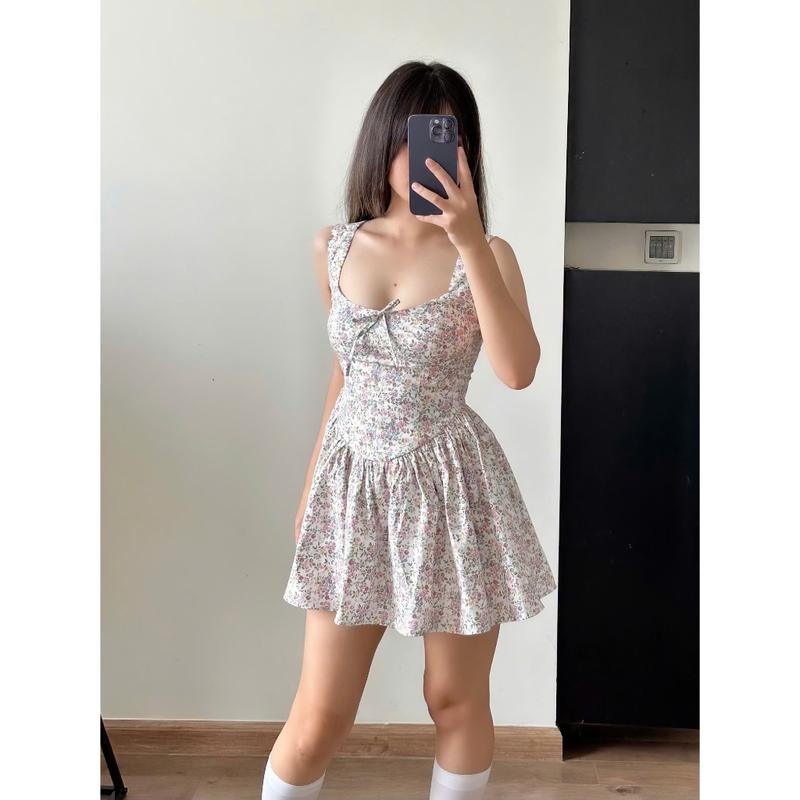 Đầm Nữ Hoa Mini Hai Dây Bản To Cổ Vuông Chiết Eo Form Ngắn Dịu Dàng Mùa Hè 6