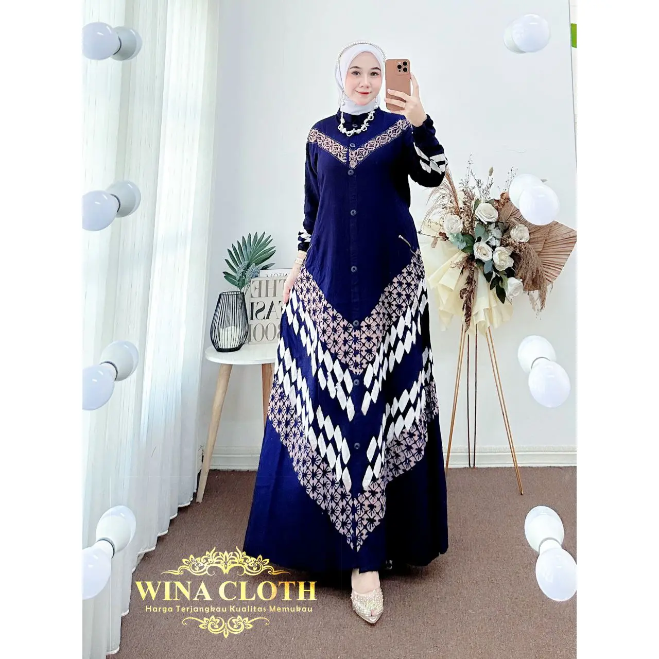 WINA CLOTH - Gamis Twill Rayon Elegan Kasual Dress Wanita Motif V Premium M L XL XXL Kancing Tebal Muslim Panjang