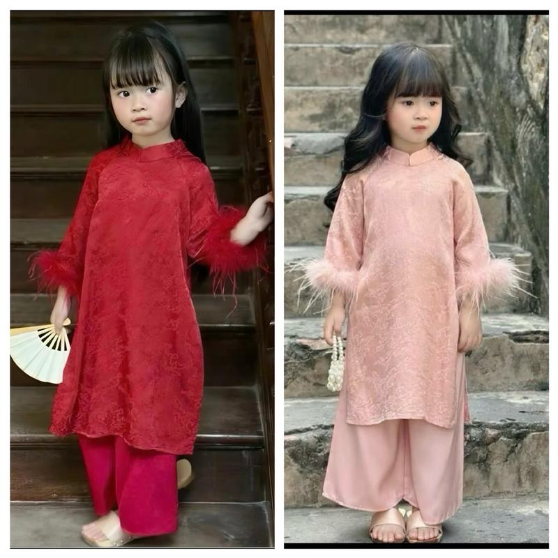 Bộ đồ Ong Kis Sét gấm hoa nổ tay phối lông kèm quần lụa xuông cho bé gái 10-30kg