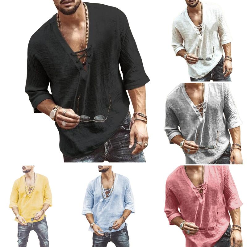 Bvbfzin Men V-neck Shirt Loose Fit Men Top Men's Lace-up V Neck Shirt Retro Style Mid Sleeves Loose Fit Top for Daily Wear in Asia 4