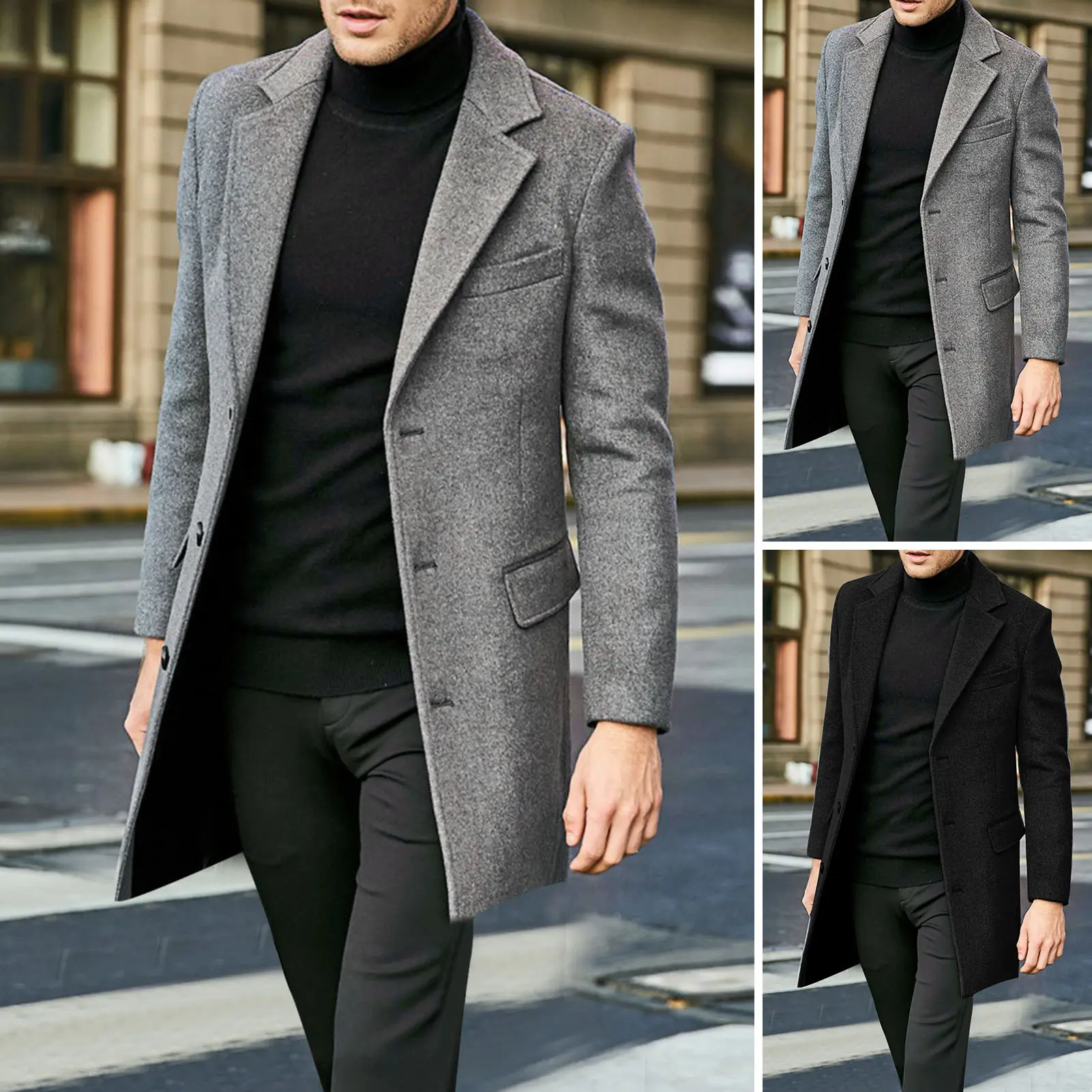 Men Winter Solid Color Suit Coat Lapel Long Sleeve Flap Pockets Single-breasted Mid-length Warm Jacket Overcoat