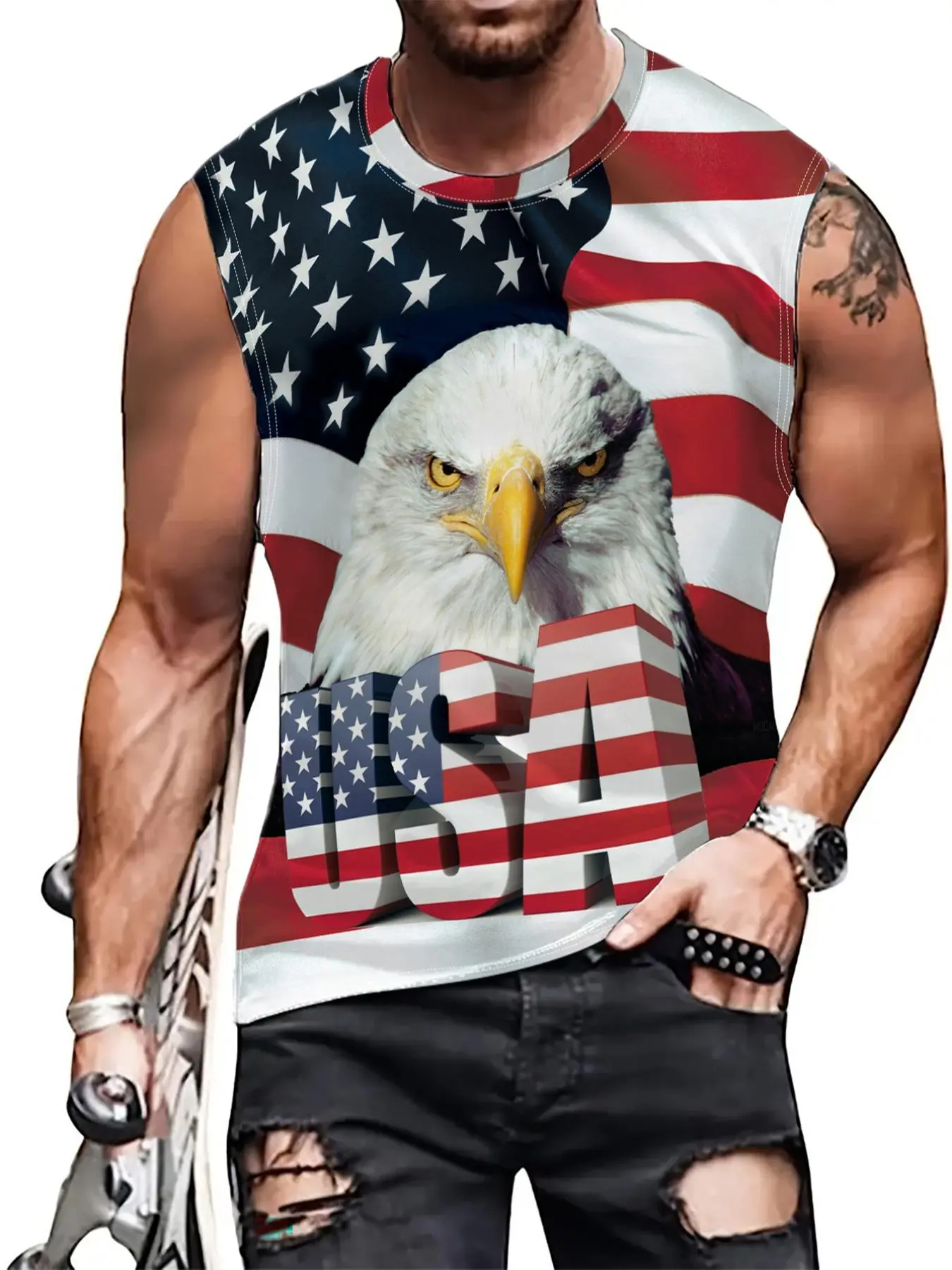 Men's American Flag Eagle Print Round Neck Tank Top, Regular Fit Casual Comfy Sleeveless Crew Neck Top for Summer, Fashion Men's Top for Daily Wear