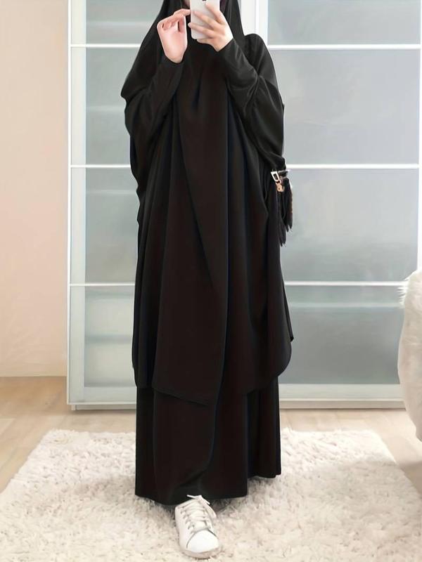 Women's Plain Knot Hooded Batwing Sleeve Abaya & Maxi Dress Set, Modest Two-piece Muslim Outfits for Daily Wear, Co-ords Set, Islamic Clothing for Spring & Fall, Modest Clothes 2