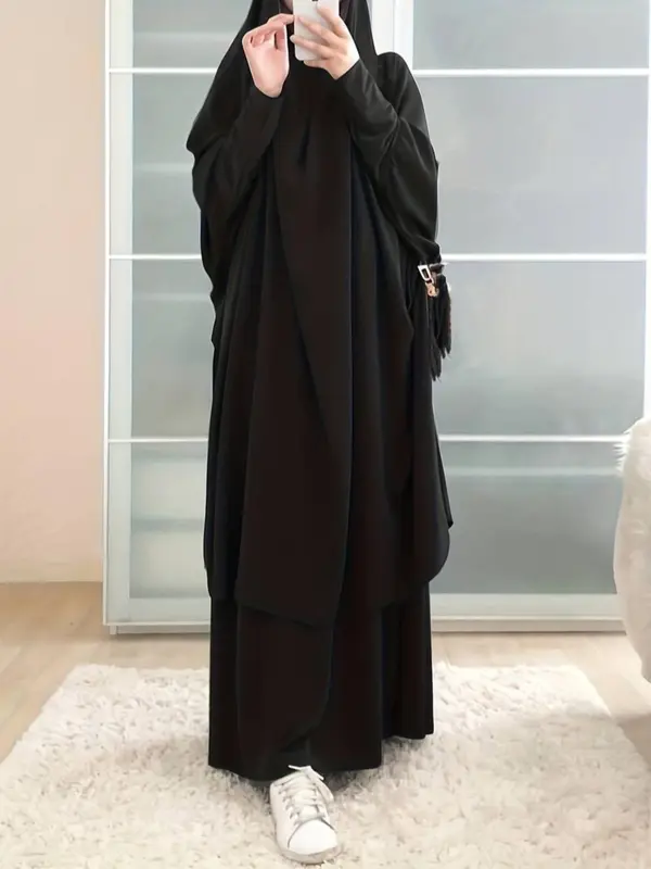Women's Plain Knot Hooded Batwing Sleeve Abaya & Maxi Dress Set, Modest Two-piece Muslim Outfits for Daily Wear, Islamic Clothing for Spring & Fall 2