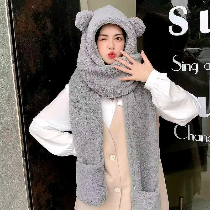 Mũ nón lông tai gấu kèm khăn quàng cổ bao tay 3 trong 1 ấm áp phong cách thời trang Hàn Quốc 3