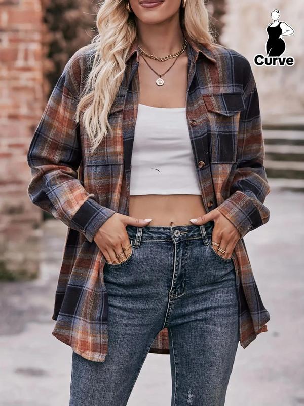 Women's Plus Size Plaid Print Flap Pocket Button Front Blouse, Casual Drop Shoulder Long Sleeve Shirt, Gift Set, Women Plus Clothing for Spring & Fall Daily Wear 1