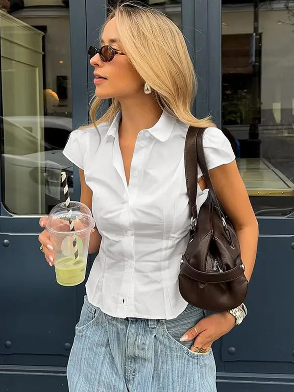 Women's Plain Collared Shirt, Casual Short Sleeve Top for Summer, Fashion Women's Top for Daily Wear, Blouse 4