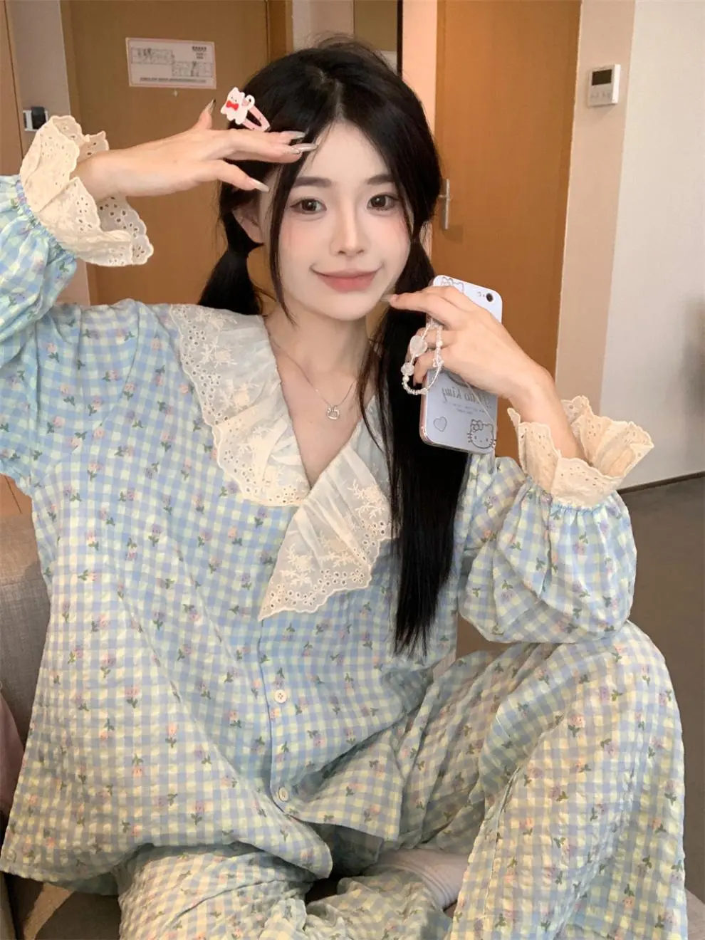 Set Pyjama Thô Cao Cấp Julia - Kẻ Xanh Cổ Vạt Chéo - Freesize 40-62kg - Mặc Ngủ & Đi Chơi - Tiểu Thư Bánh Bèo 142 Women Top Áo  Quần