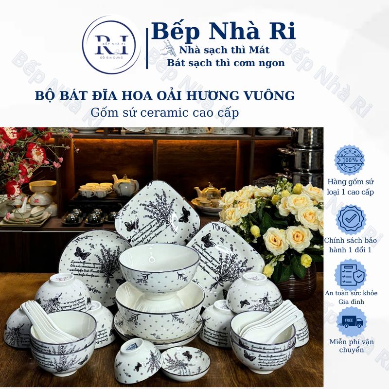 [ Bếp Nhà Ri ] Bộ bát đĩa 19 món sứ họa tiết hoa OẢI HƯƠNG đĩa vuông - TẶNG 10 THÌA SỨ VÀ 10 ĐÔI ĐŨA - Decor trang trí không gian Bếp