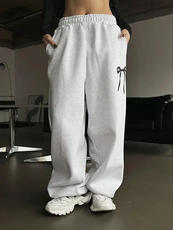 Women's Bow Print Pocket Elastic Waist Sweatpants, Casual Comfy Trousers for Fall & Winter, Women's Bottoms for Daily Wear 6