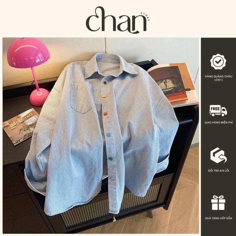 Áo sơ mi sọc xanh form rộng phối nút màu phong cách hàn quốc M500