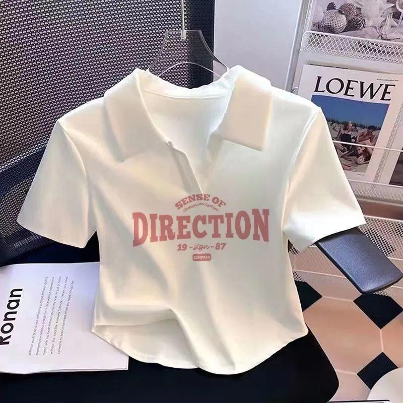 Product Introduction of [2281 Favorites] White Polo Collar Printed Short Sleeve T-Shirt for Women Summer Irregular V-Neck Pure Desire Style Sweet Hot Girl Short Top Womenswear Lingerie Comfort Casual Heart Love 3