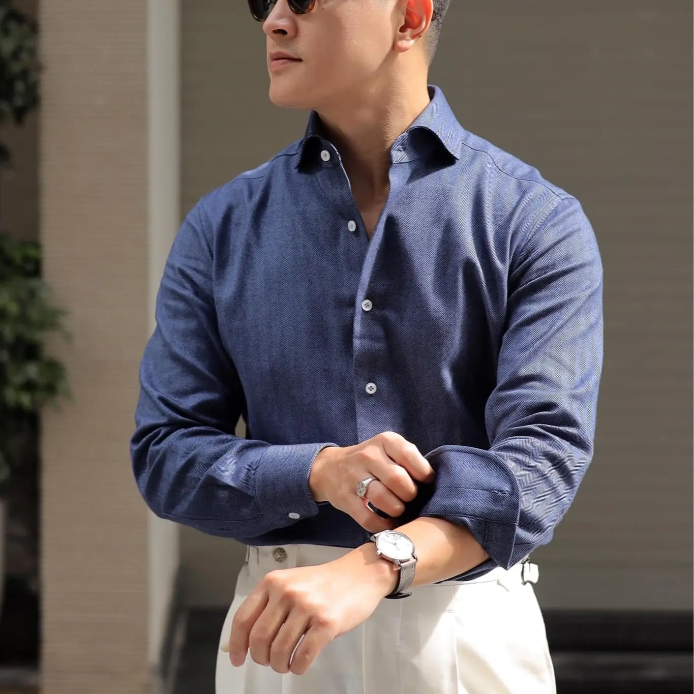 Sơ mi nam xanh trơn họa tiết dệt xương cá chất liệu flannel cổ Cut away - BURATINO