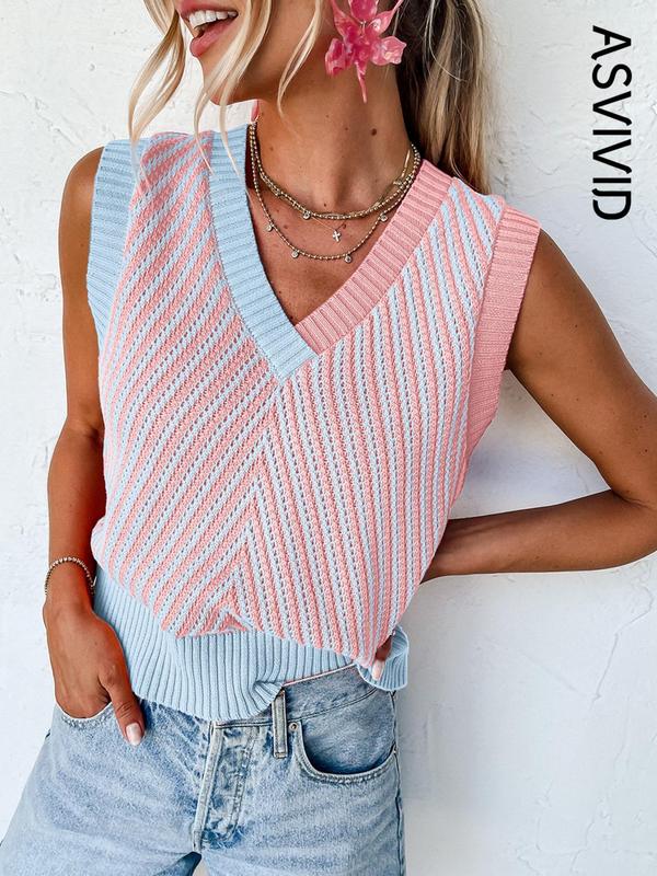 Women's Colorblock Wrap Knit Tank Top, Casual V Neck Sleeveless Top for Summer, Ladies Clothes for Daily Wear 5
