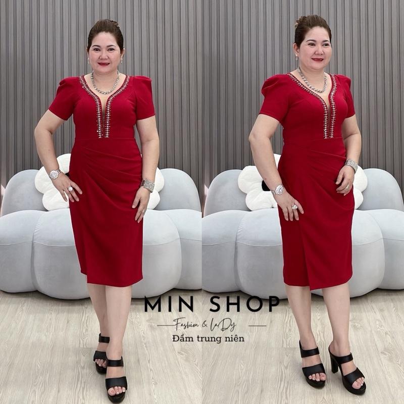 MIN SHOP - Đầm ôm body gọn dáng dành cho trung niên thiết kế đính đá cao cấp u40 u50 Women Dress Nữ Voan Voi