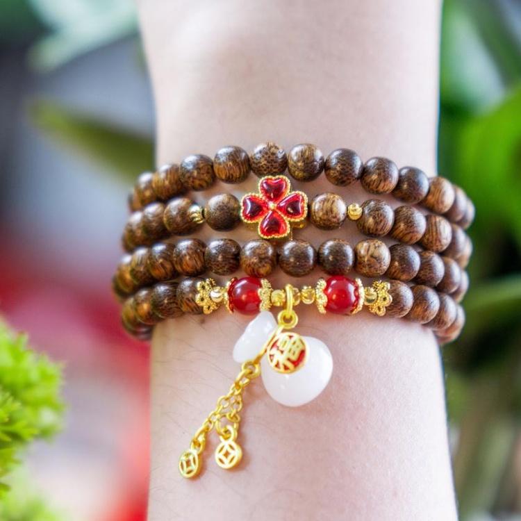 Vòng tay Trầm Hương 108 hạt size 6mm Mix Cỏ 4 Lá  và túi bạch ngọc theo Mệnh mang may mắn bình an tài lộc - Mộc An Nhiên