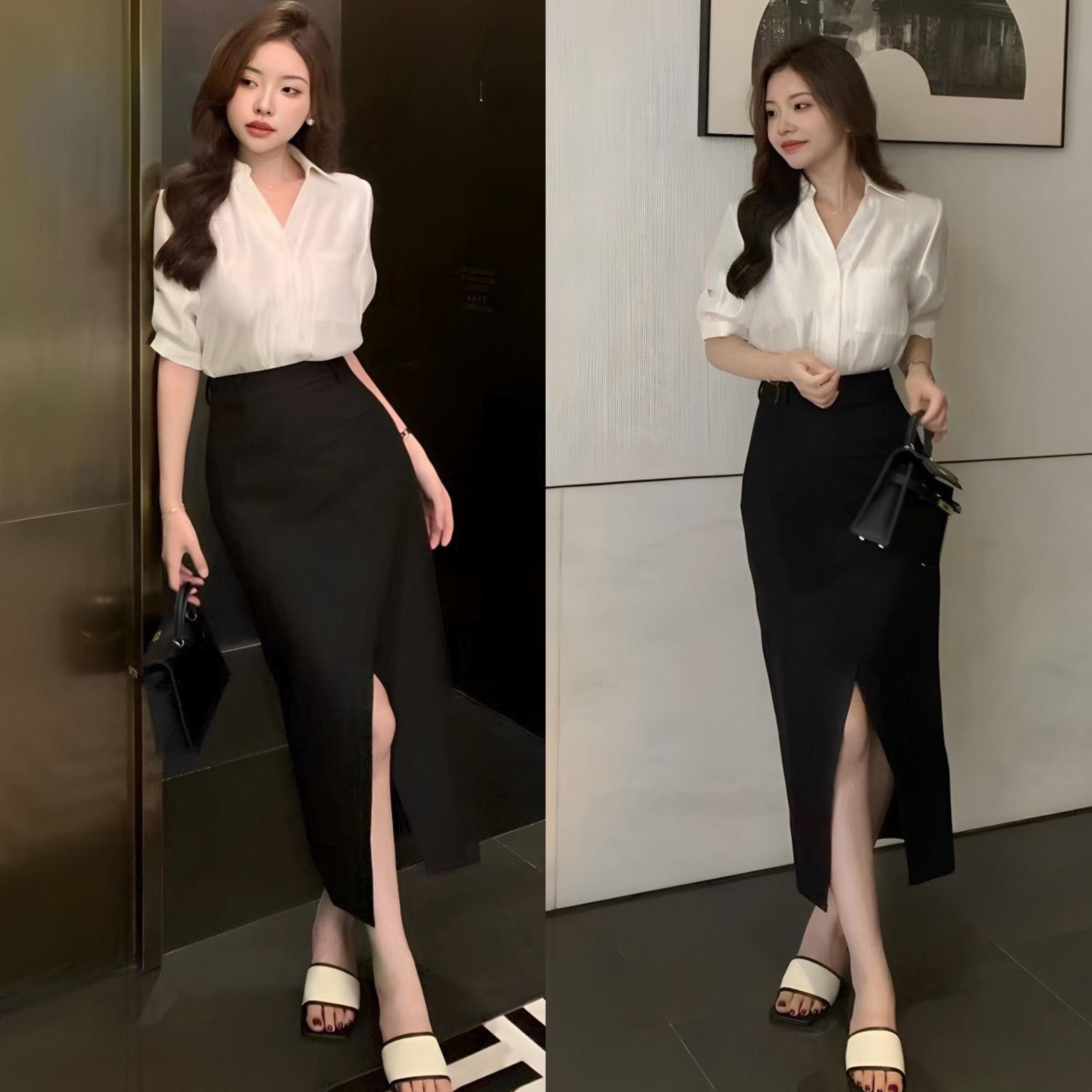 Set Chân Váy Áo Công Sở Áo Lụa Tơ ánh Kim Váy Lụa Cotton Lạnh 40 - 95Kg Có Bigsize Nữ Top Women Xoè - A.1356