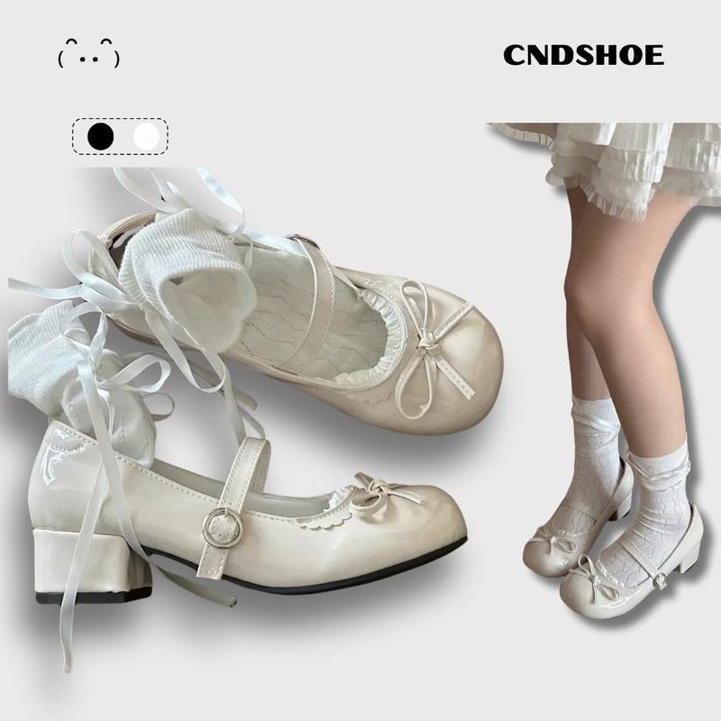 Cndshoe - Giày Búp Bê Dolly Shoes Cho Nữ Đính Nơ Ren Đế Cao 4CM Phong Cách Giày Lolita Nhung Đế Bằng Giày Baby Doll cao gót 3-6cm giày Jean dethap loli giay no giày cao gót nữ