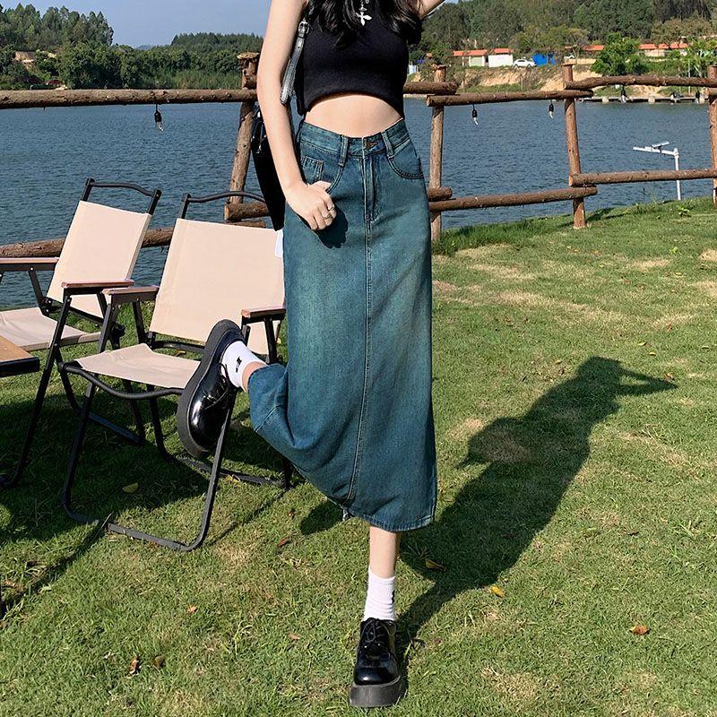 A-Line High Waist Slit Denim Skirt for Women Summer 2025 New Mid-Length Slim Fit Pencil Skirt Black Gray 6