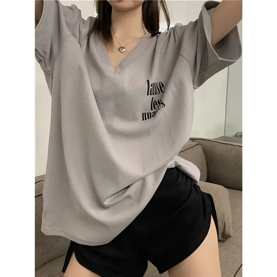 Áo Thun Nữ Ngoại Cỡ Dáng Rộng Vừa Vặn, Dài Trung Bình Phong Cách Thường Ngày Cổ Chữ V, ngắn Tay, Ngoại Cỡ 150Kg, Quần Áo Nữ