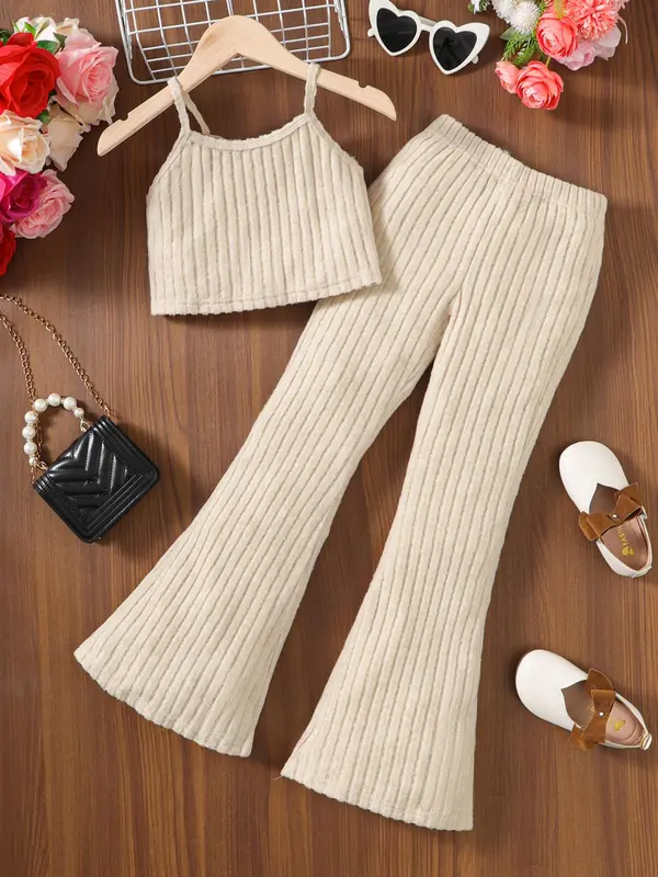 Two-piece Set Girl's Solid Crop Cami Top & Flare Leg Pants Set, Casual Fashion Cozy Knit Vest Set for Daily Outdoor Wear, Girls Clothing for Summer 1