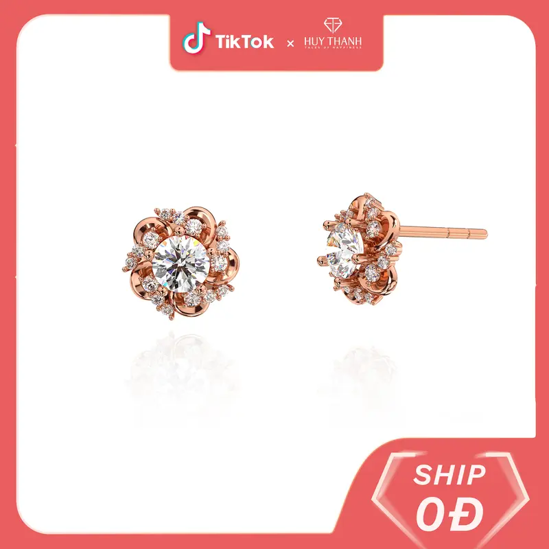 HuyThanhJewelry BT480 Bông Tai Vàng 14k Gắn Đá Cz Hoa Tiết Hoa Anh Đào Xinh Xắn Bản chốt vàng 1