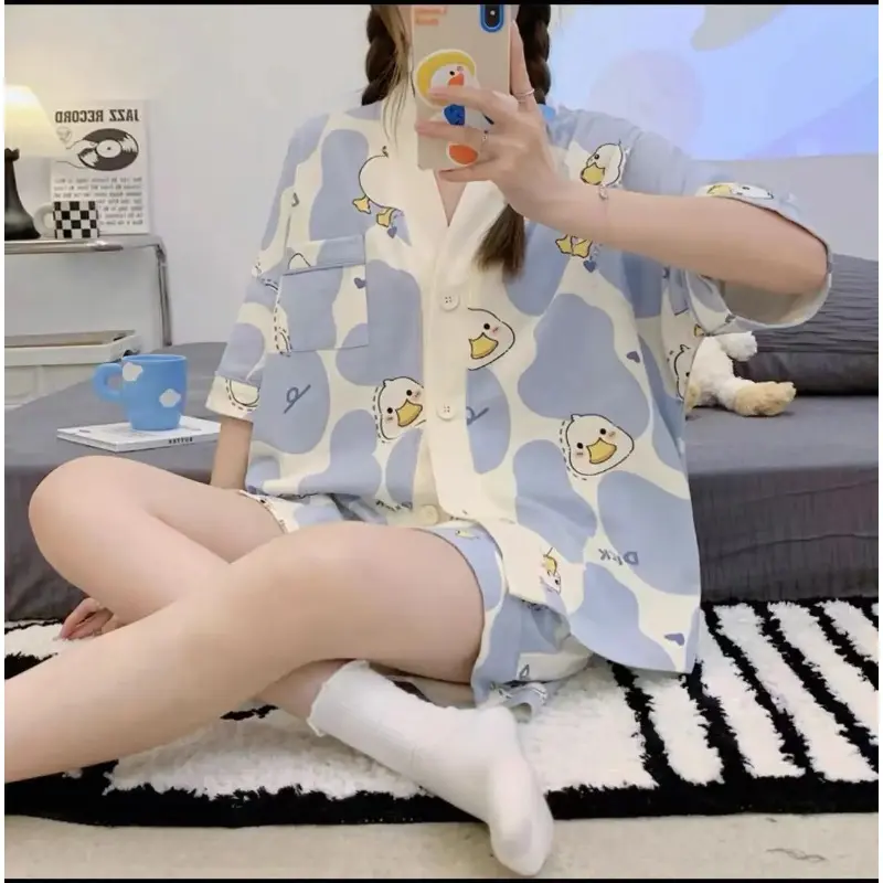 Cute Blue Pink Sleepwear Women Pajama Sets Korean Style Summer Piiama 2 Pieces Night Wears for Sleeping Student Cute Home Suit