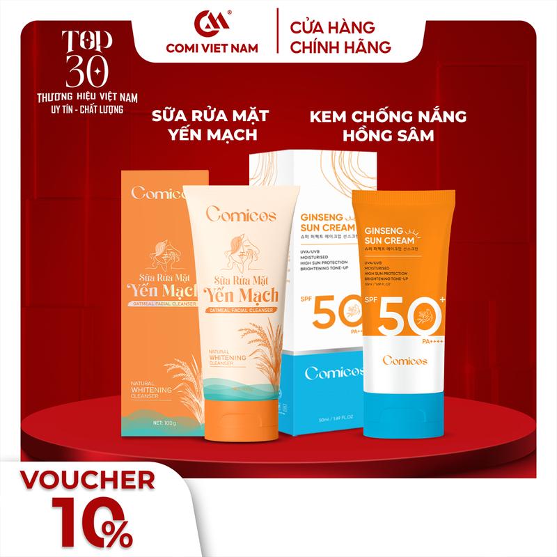 Combo Sữa Rửa Mặt Comicos - Kem Chống Nắng Hồng Sâm 50+ 6 Màn Lộc Skincare sạch da.