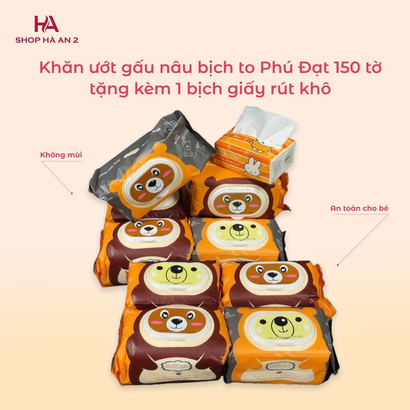  combo khăn ướt gấu nâu bịch to phú đạt 10 bịch tặng kèm khăn khô Kem Cho Bé 