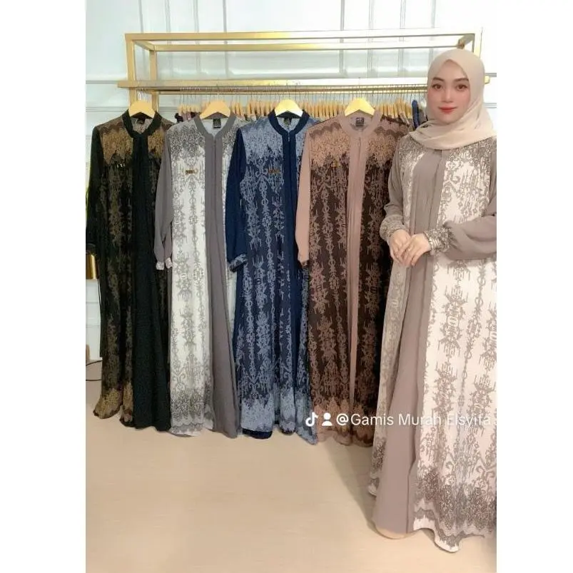 Gamis Crinkle Airflow Kombinasi Motif Terbaru Dress Muslim Wanita Busui Kekinian Viral