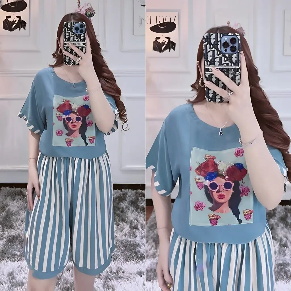 Setelan Pendek Wanita One Set Rayon Hotpants Kekinian Model Korea Busui Resleting Handmade Motif Salur Pekalongan Murah Baju Celana Kulot Daster