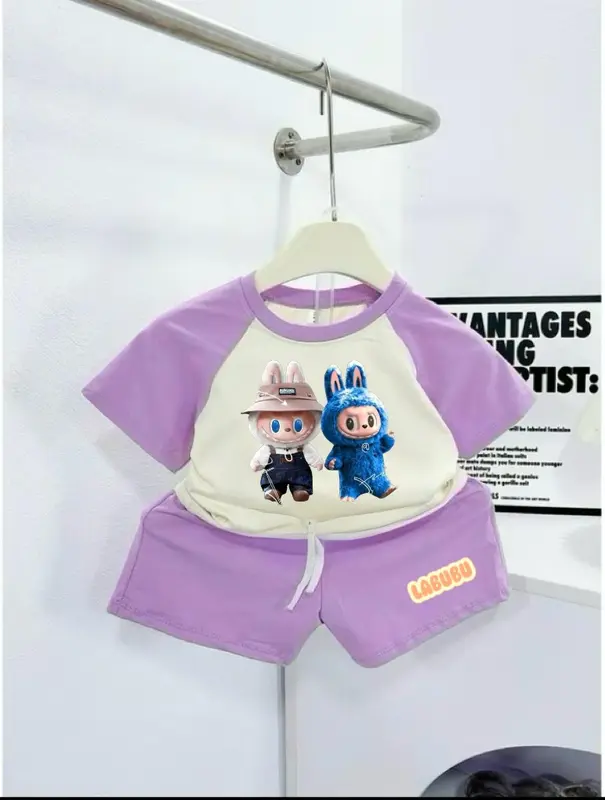Bộ LABUBU dễ thương in nhiệt, chất liệu mềm mịn thấm hút tốt dành cho bé gái từ 13- 45kg > 1