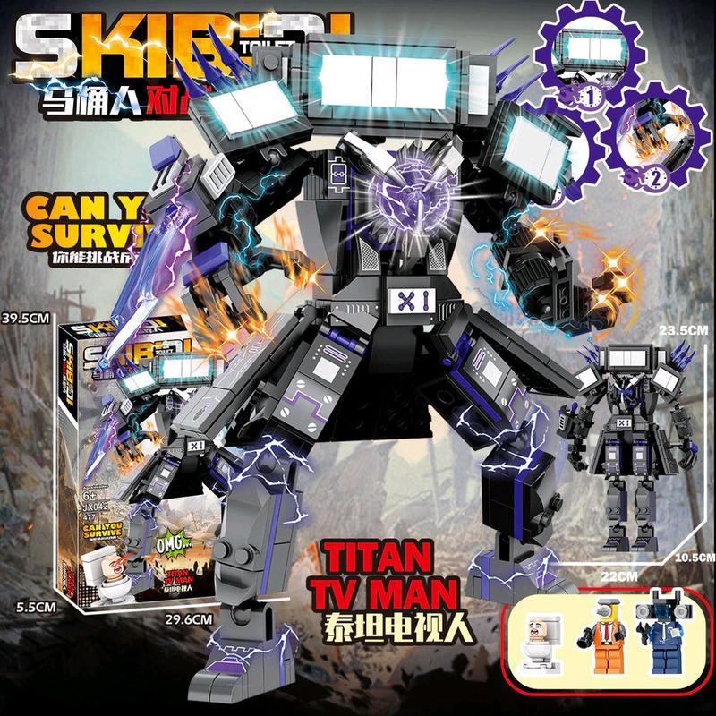 xếp hình skibidi toilet 477pcs, JX042, 4nhân vật, Titan TV Man vs skibidi toilet Bộ Lắp Ráp Lắp Ráp