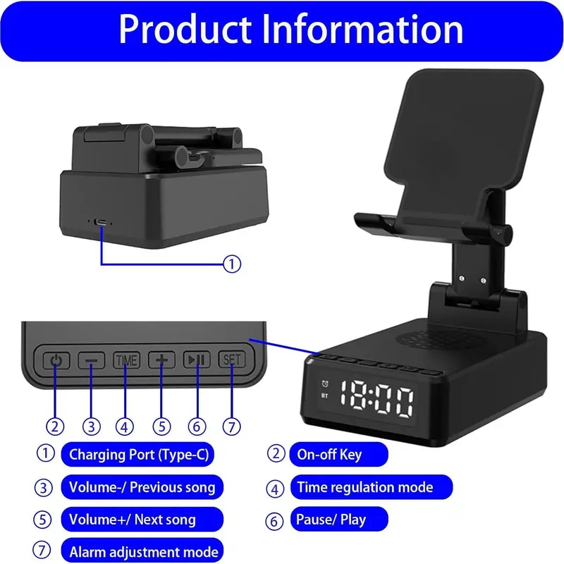 4 in 1 Phone Holder Support Wireless Charging, Multifunctional Wireless Charger with Alarm Clock, Adjustable Phone Stand for Home Office 6