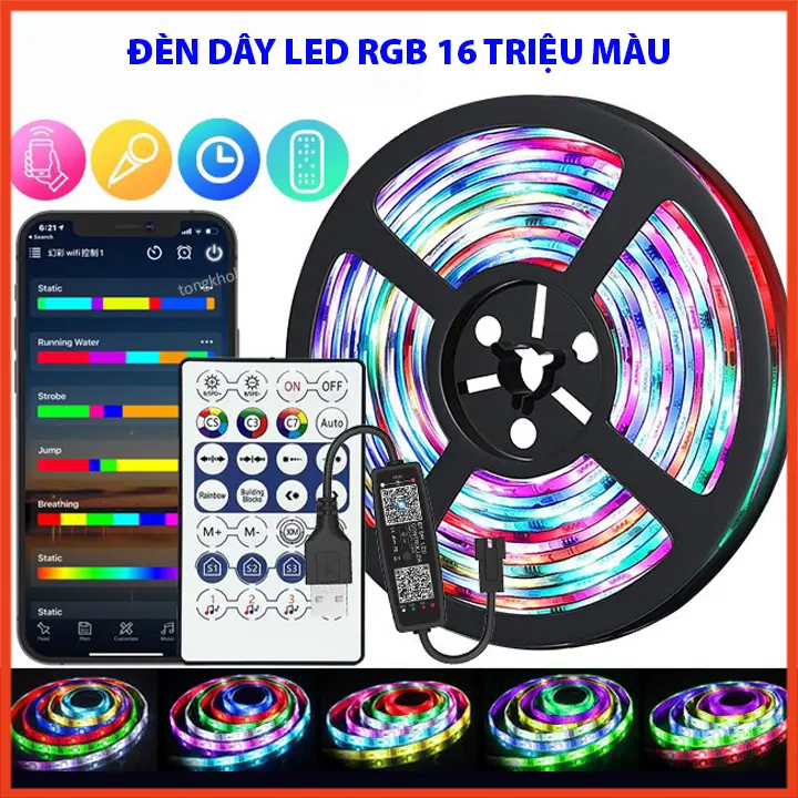 Dây Đèn Led RGB 16 Triệu Màu 10m Nháy Theo Nhạc Điều Khiển Bằng Điện Thoại, Dây LED RGB Trang Trí Phòng