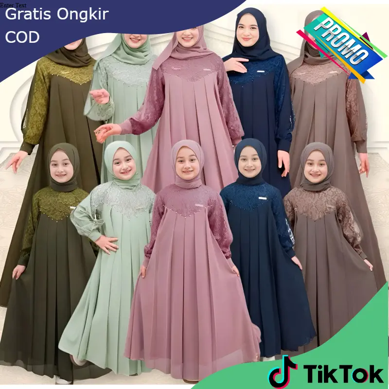 H & C ANINDA DRESS SET KHIMAR GAMIS COUPLE IBU ANAK BAHAN CERUTY BABYDOLL MIX BRUKAT ZIPPER DEPAN BUSUI FRIENDLY IKAT PINGGANG MENYATU DRESS GAMIS PESTA KONDANGAN WANITA TERBARU 2023mewah KEKINIAN DRESS GAMIS COPEL IBU DAN ANAK PEREMPUAN
