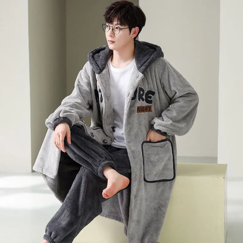 Xinke Li Jian Men's Pajamas Flannel Korean Style Loose plus Size Homewear Plush Bathrobe Two-Piece Suit Loungewear Menswear