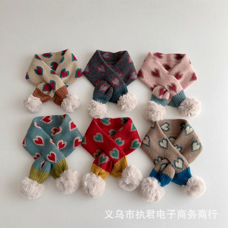 Product Introduction of Children's Scarf Cute Double Ball Love Pattern Knitted Cross Scarf Korean Style Baby Windproof Neck Protection Warm Neck Warmer 16