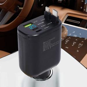 5 in 1 伸縮式カー充電器、USB 3.1A Type C PD USB C 高速充電・電圧検出機能付き、iOSとAndroid対応スマートフォン充電用カーチャージャー