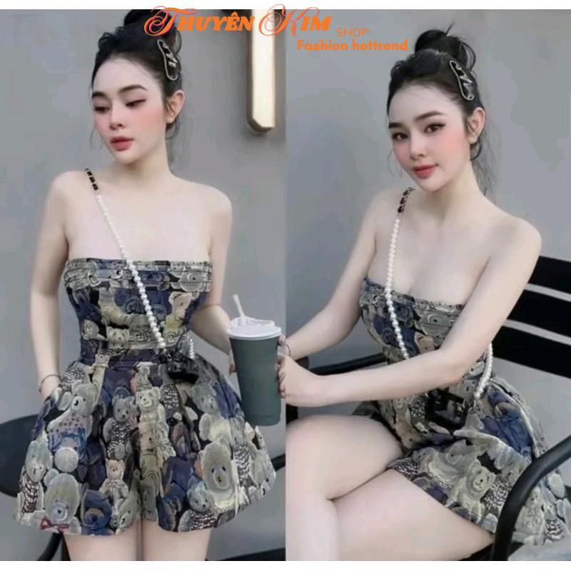 Jumpsuit Nữ, Jum cup ngực dáng ngắn, Jumpsuit thời trang sang chảnh Bố Thổ Cẩm cup ngực gấu mini cho chị em mặc đi chơi, đi tiệc, dễ thương, quyến rũ, xinh đẹp